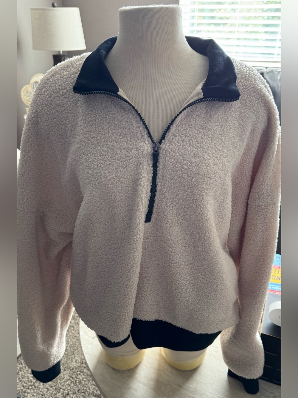 Fabletics Light Pink Faux Sherpa Half-Zip Pullover with Black Trim